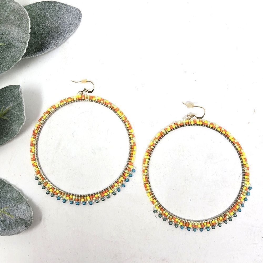 14KT GF Sead Beed Large‎ Boho Hoop Earrings Yellow | Orange | Aqua